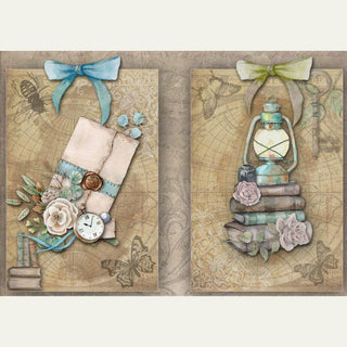 A3 rice paper design that features 2 card designs. One has a ribbon wrapped note with flowers and a pocket watch. The other has a vintage camping lamp sitting on a stack of books. White borders are on the top and bottom.