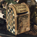 Small golden mailbox with the Iveta's Hand Painted Checks on top. A white Decoupage Queen and Iveta Ziedina Design Team logo on the top right.