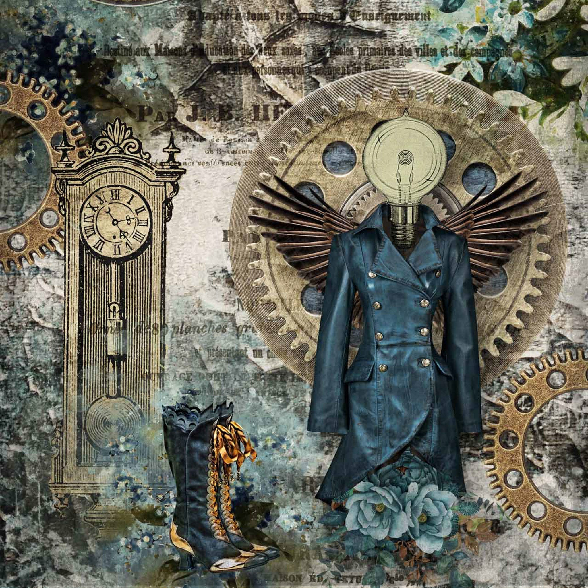 A2 rice paper that features a collage of Stemapunk Victorian boots and jacket with metal wings, clock gears, and a grandfather clock against a grungy vintge magazine parchment.