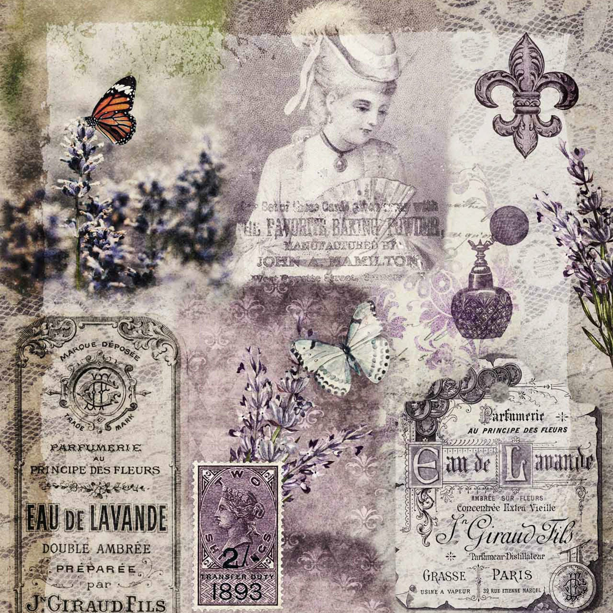 A2 rice paper design that features a collage of vintage lavender perfume labels and plants, fleur de lis, vintage stamps, and butterflies.