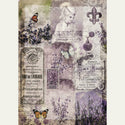 A3 rice paper design that features a collage of vintage lavender perfume labels and plants, fleur de lis, vintage stamps, and butterflies. White borders are on the sides.