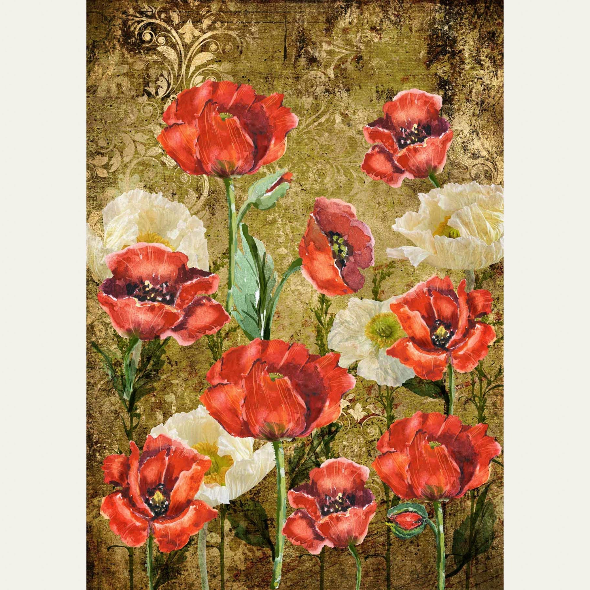 A1 rice paper design that features bright red and white poppies on a mustard yellow background. White borders are on the sides.