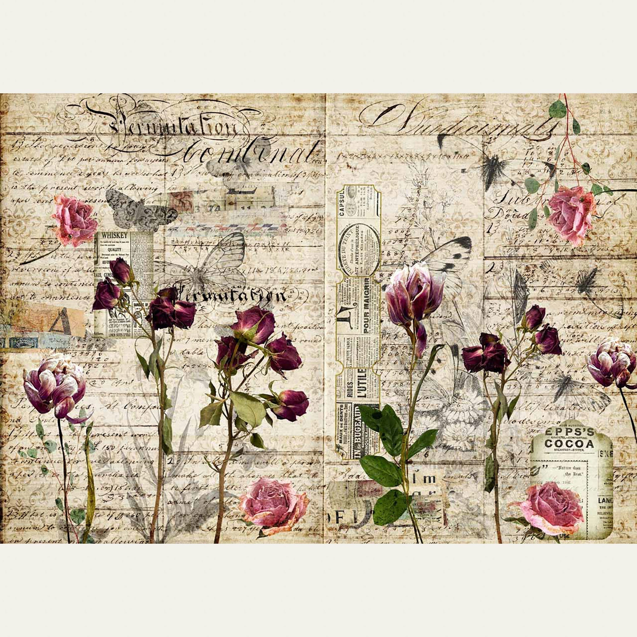 A4 rice paper design of pressed flowers against a collage of vintage magazine clippings and letters. White borders are on the top and bottom.