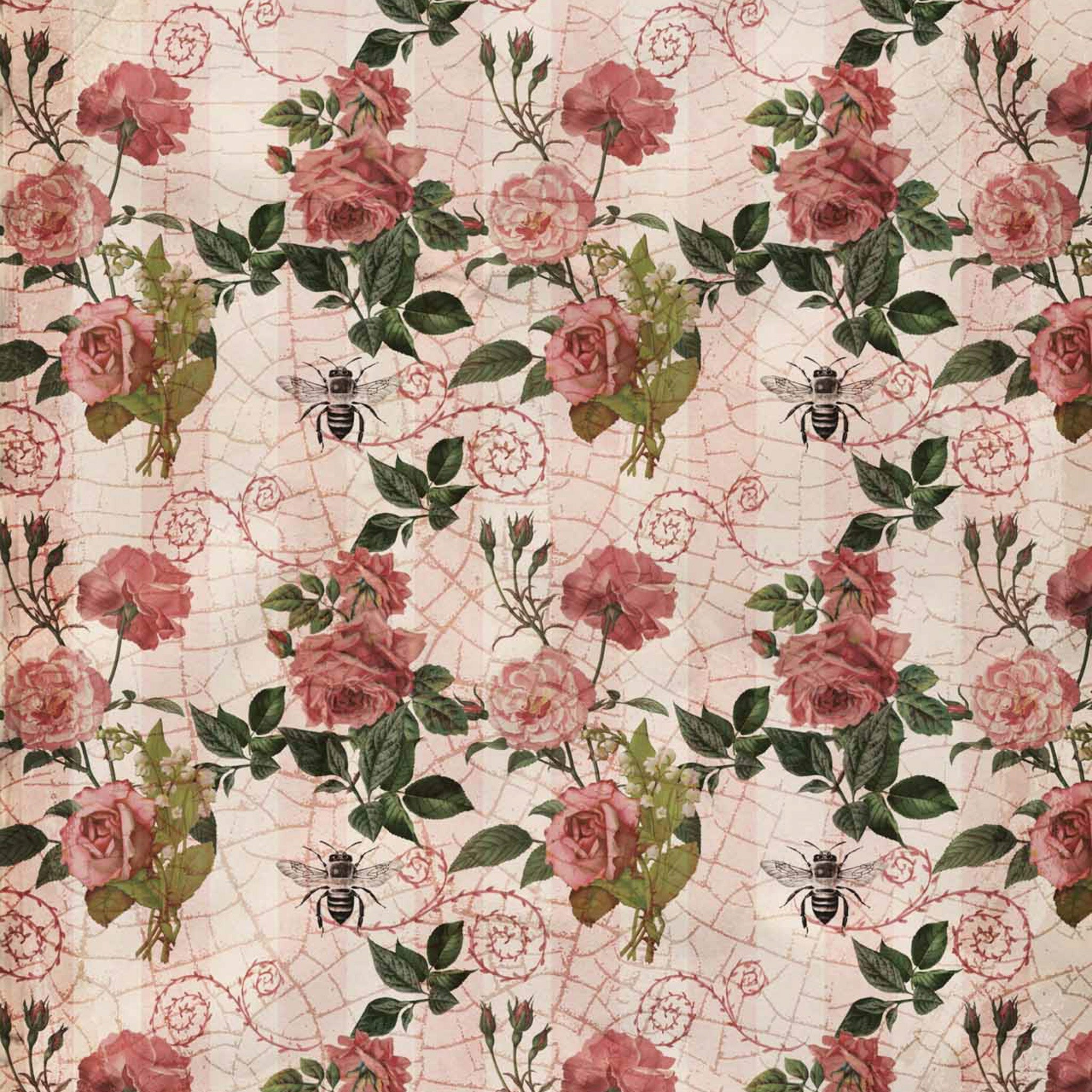 Vintage style Rose and Stripes A3 Decoupage Rice Paper close up.