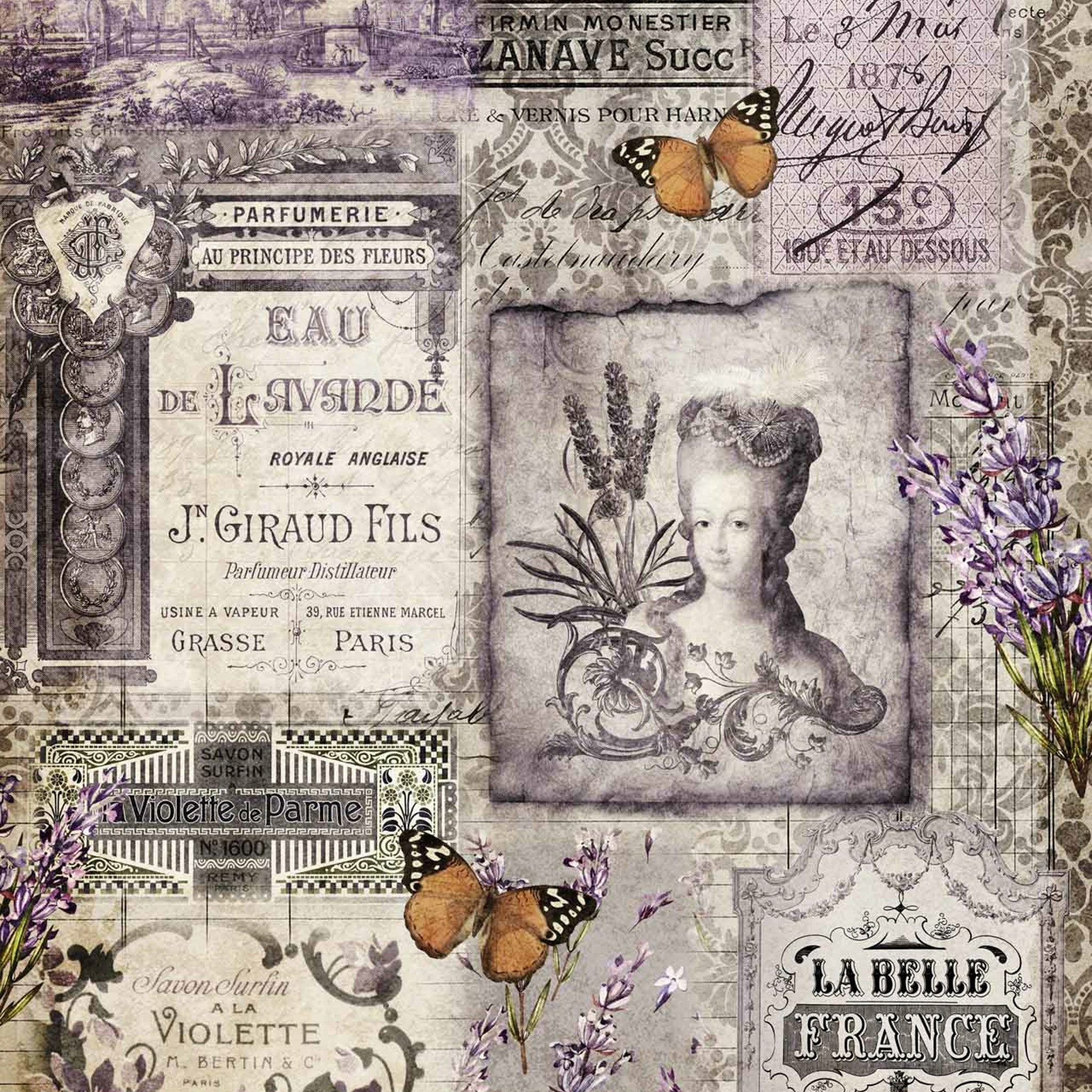 A2 rice paper that features a collage of lavender flowers, butterflies, and vintage French labels.