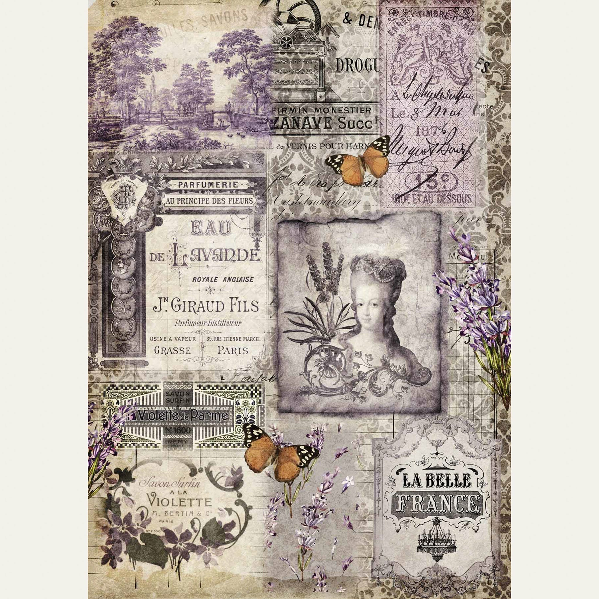 A2 rice paper that features a collage of lavender flowers, butterflies, and vintage French labels. White borders on the sides.