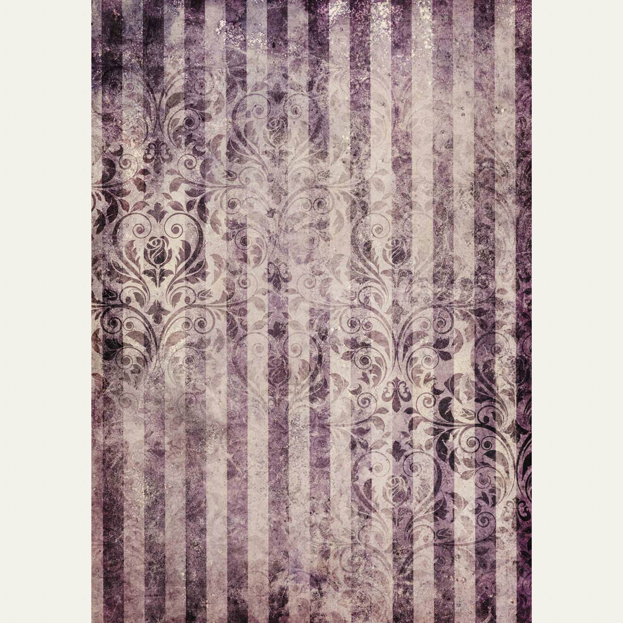 A0 rice paper that features distressed purple stripes with a rose damask overlay. White borders are on the sides.