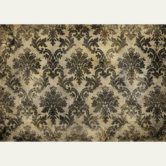 Vintage style Weathered Damask A0 Decoupage Rice Paper. White borders on the top and bottom.