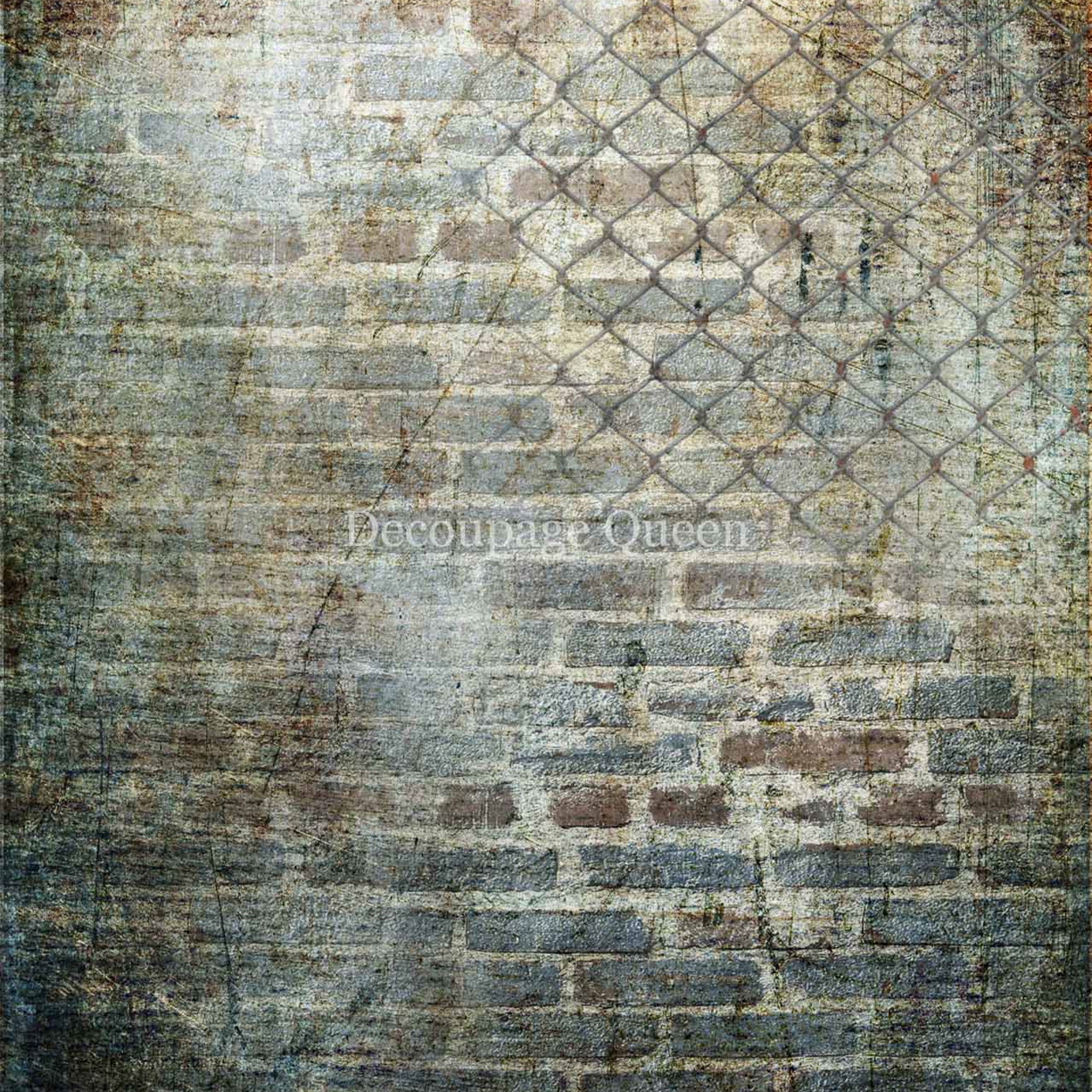 A distressed brick wall design with an overlay of a faded chain link fence on the top right.
