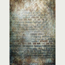 A distressed brick wall design with an overlay of a faded chain link fence on the top right. White borders are on the sides.