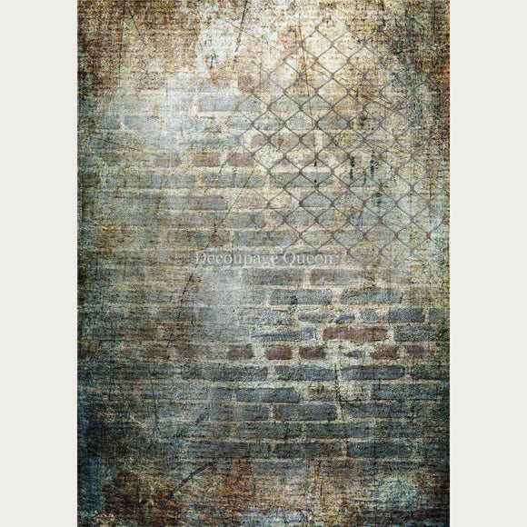 A distressed brick wall design with an overlay of a faded chain link fence on the top right. White borders are on the sides.