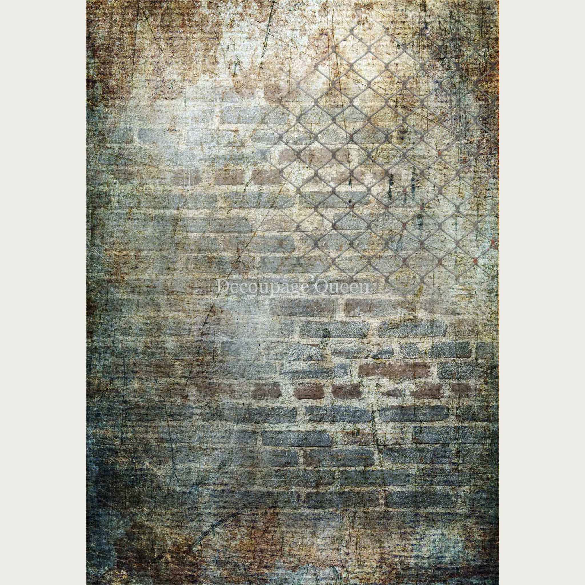 A distressed brick wall design with an overlay of a faded chain link fence on the top right. White borders are on the sides.
