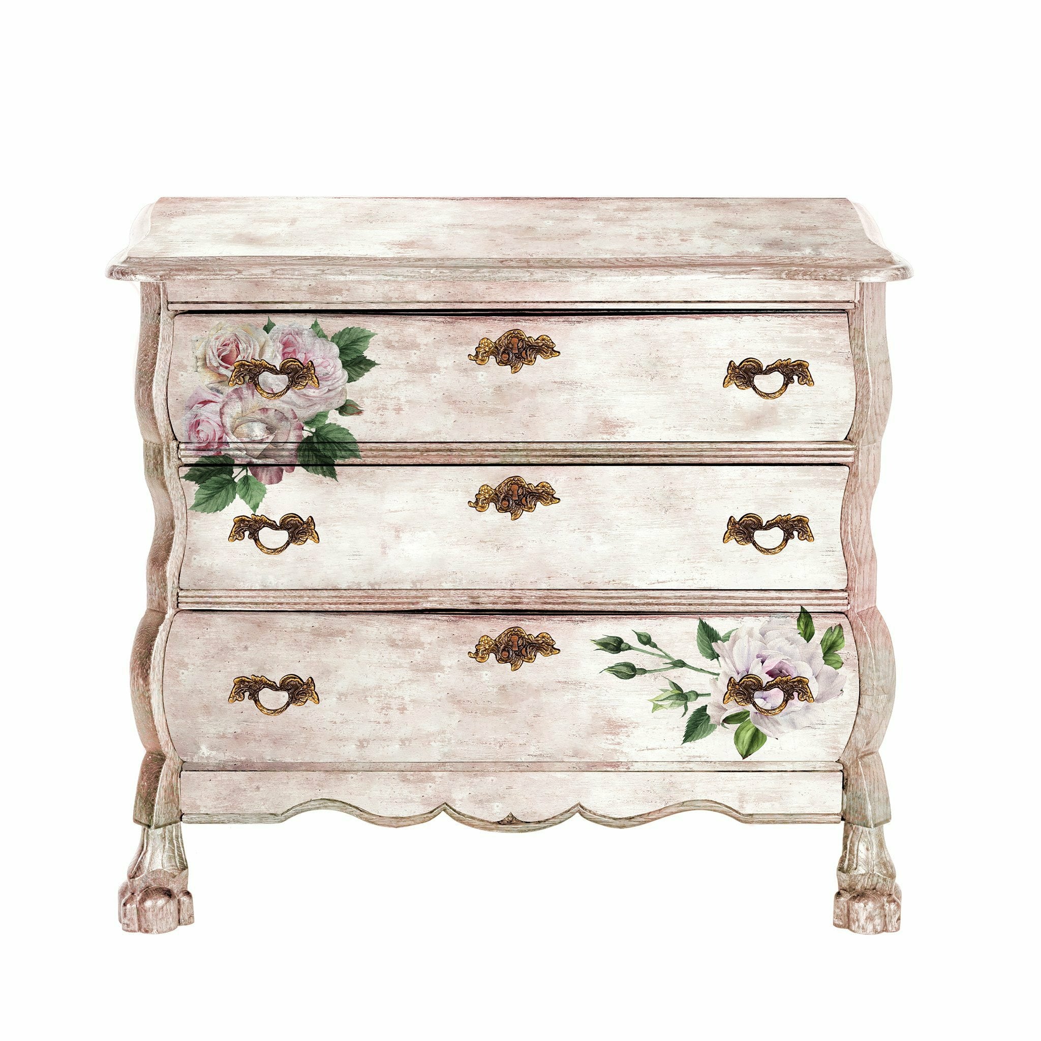 A pink vintage dresser with a cluster of roses on the top left corner and right bottom corner.