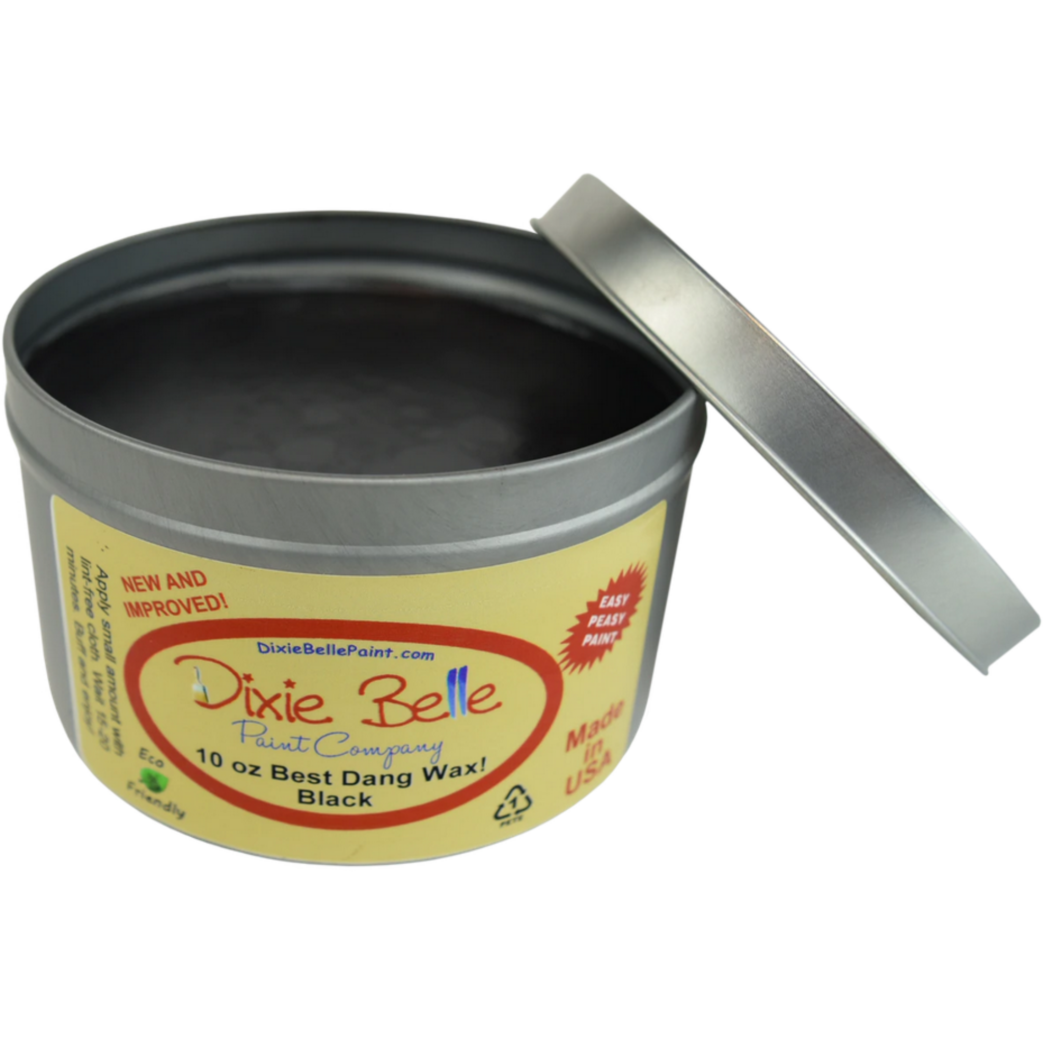 An open tin of Dixie Belle Paint's 10 ounce Black Best Dang Wax is against a white background.