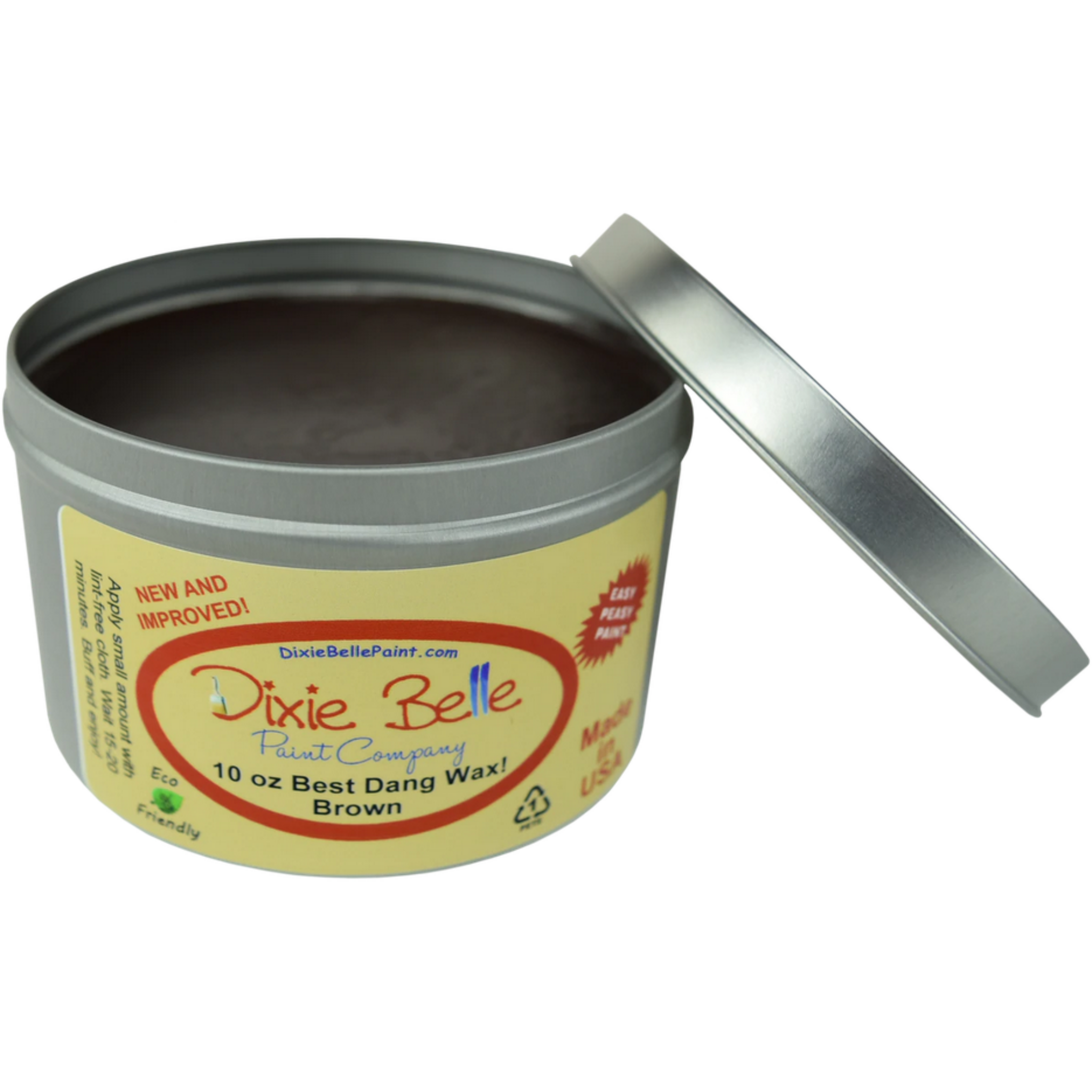 An open tin of Dixie Belle Paint's 10 ounce Brown Best Dang Wax is against a white background.
