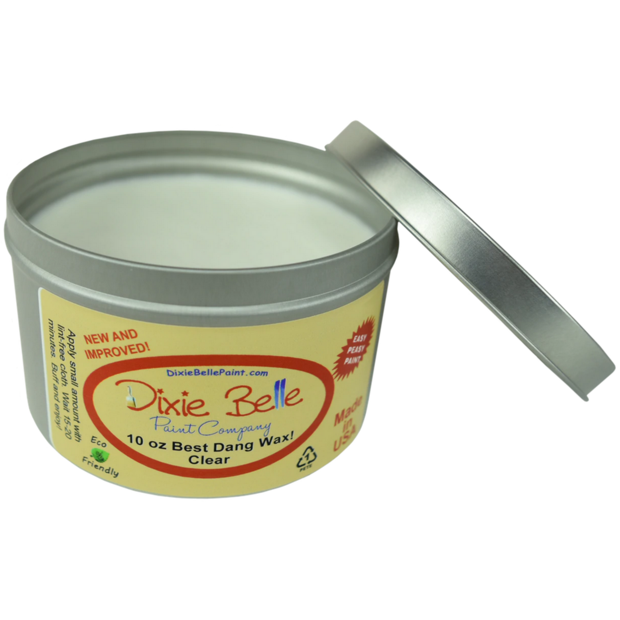 An open tin of Dixie Belle Paint's 10 ounce Clear Best Dang Wax is against a white background.