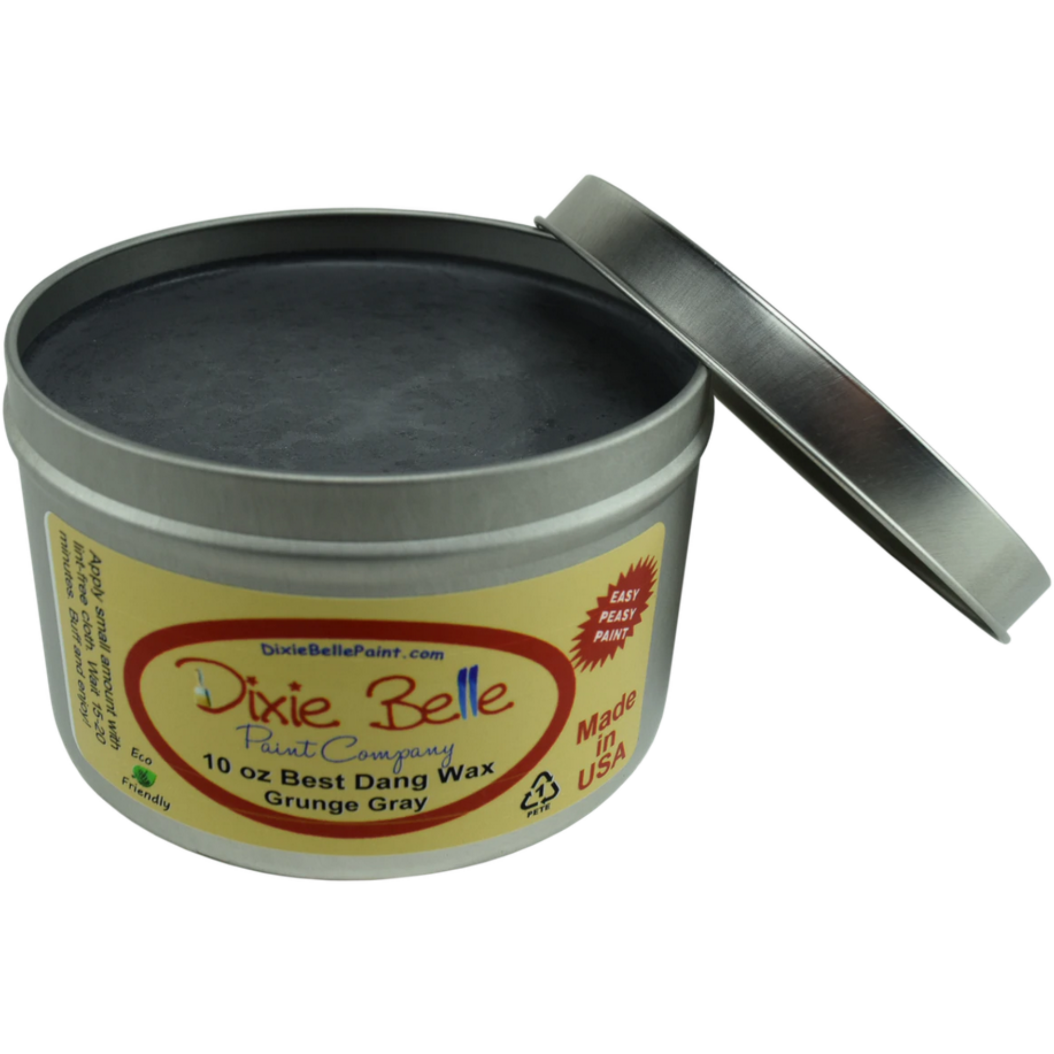 An open tin of Dixie Belle Paint's 10 ounce Grunge Gray Best Dang Wax is against a white background.