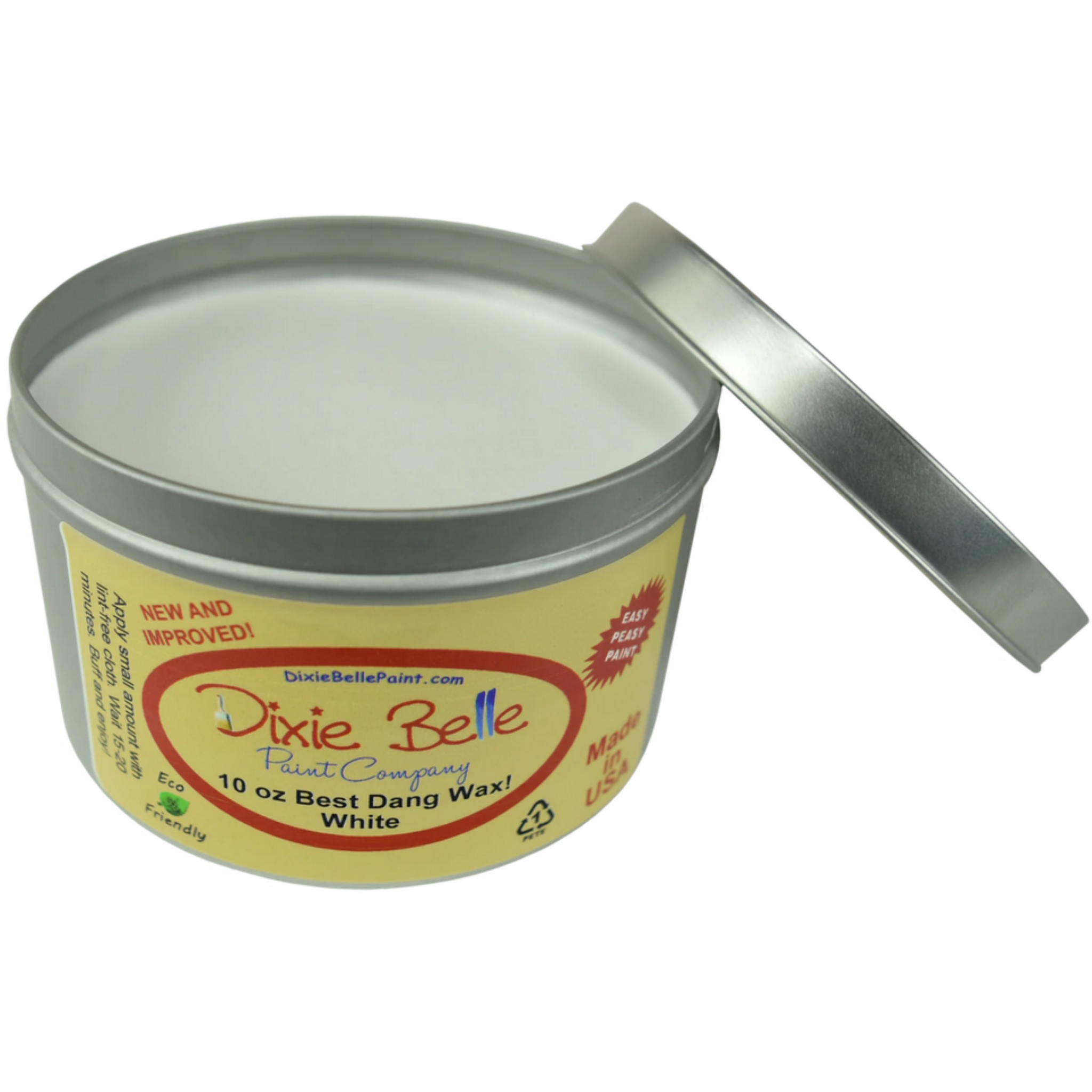 An open tin of Dixie Belle Paint's 10 ounce White Best Dang Wax is against a white background.