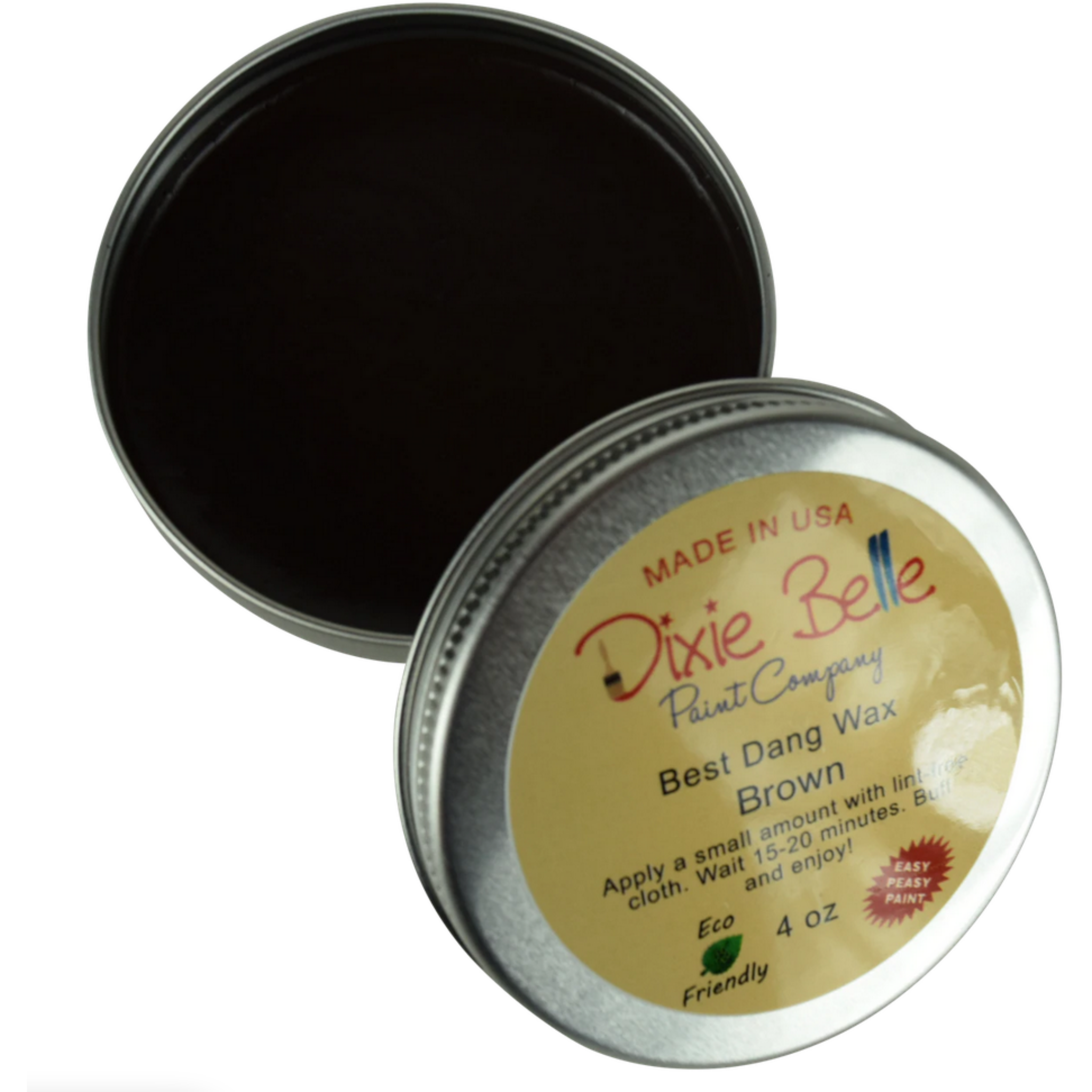 An open tin of Dixie Belle Paint's 4 ounce Brown Best Dang Wax is against a white background.