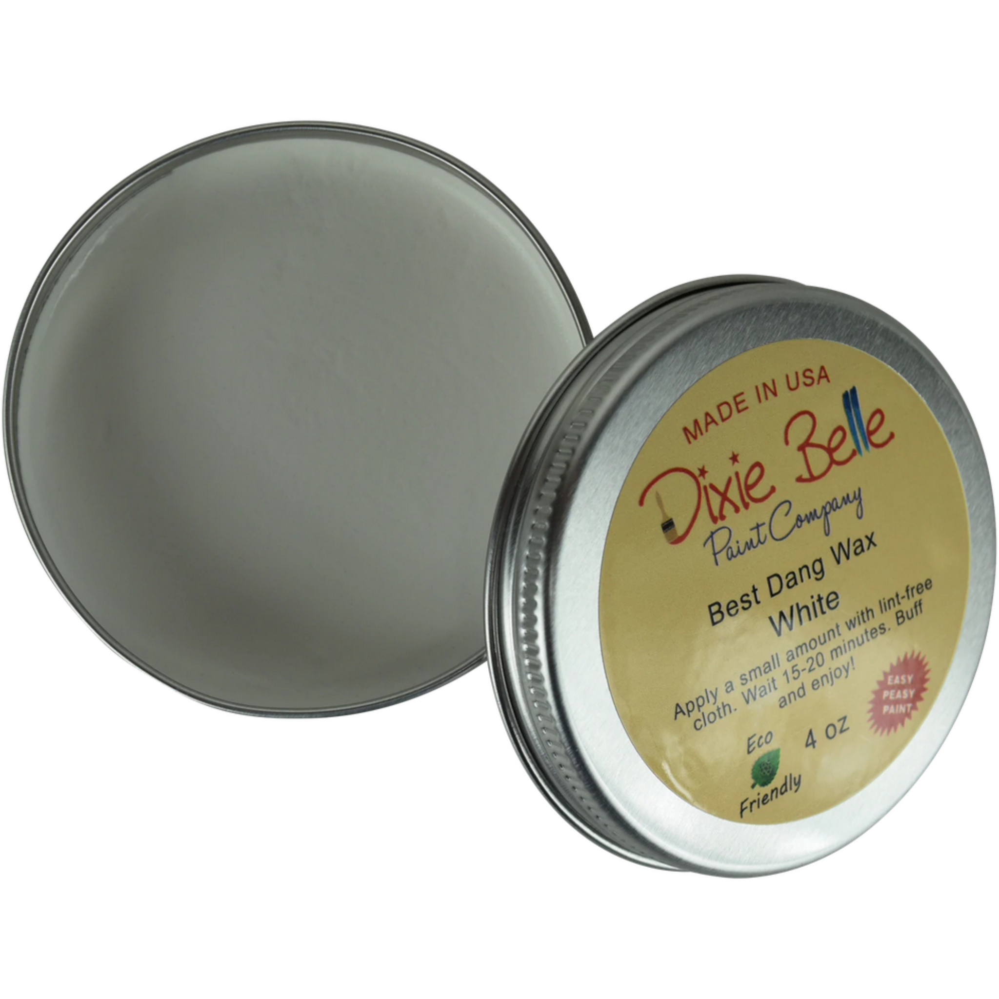 An open tin of Dixie Belle Paint's 4 ounce White Best Dang Wax is against a white background.