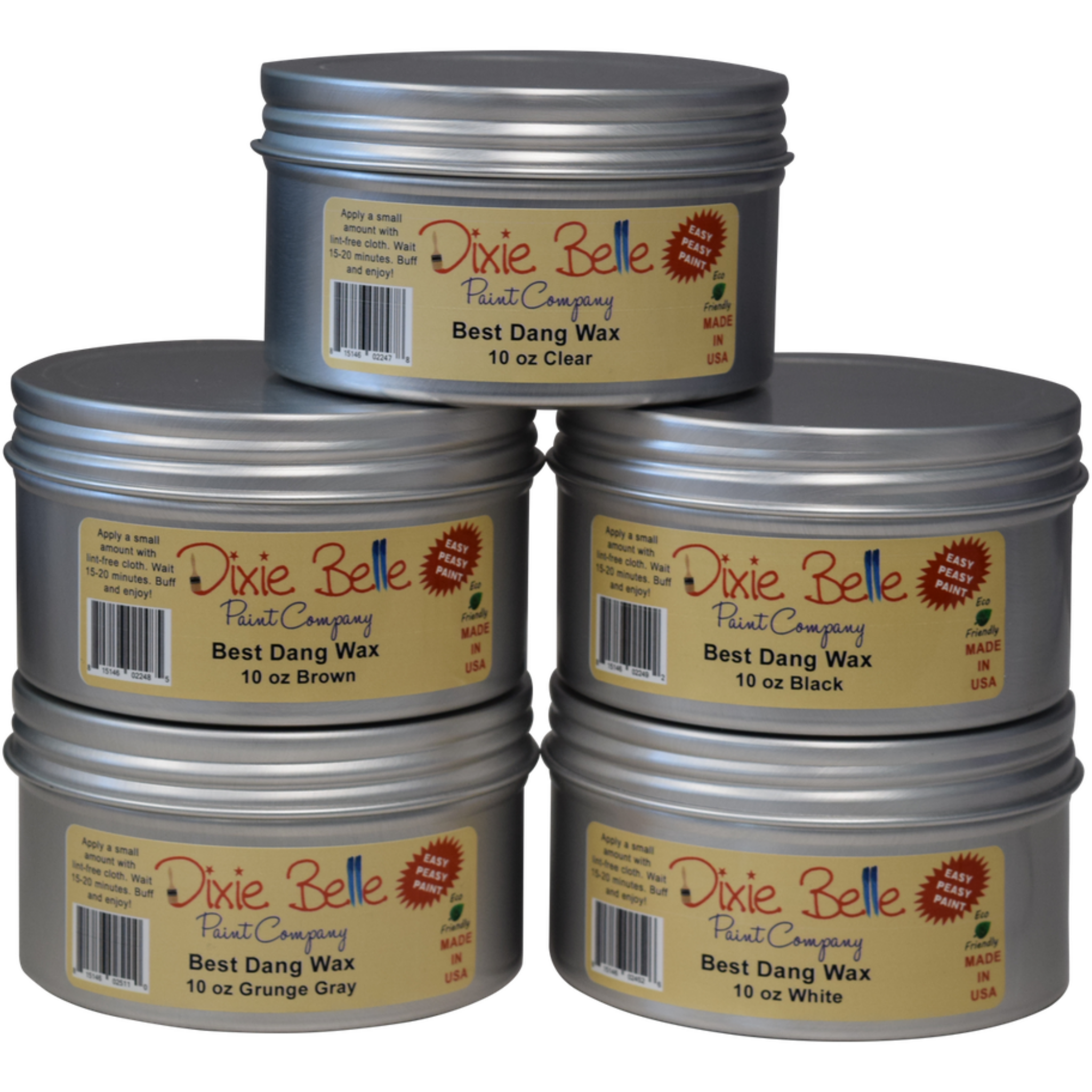 Five tin containers of Dixie Belle's Best Dang Wax. They are all 10 oz wax lidded containers. Clear wax. Brown wax. Black wax. Grunge gray wax. White wax.