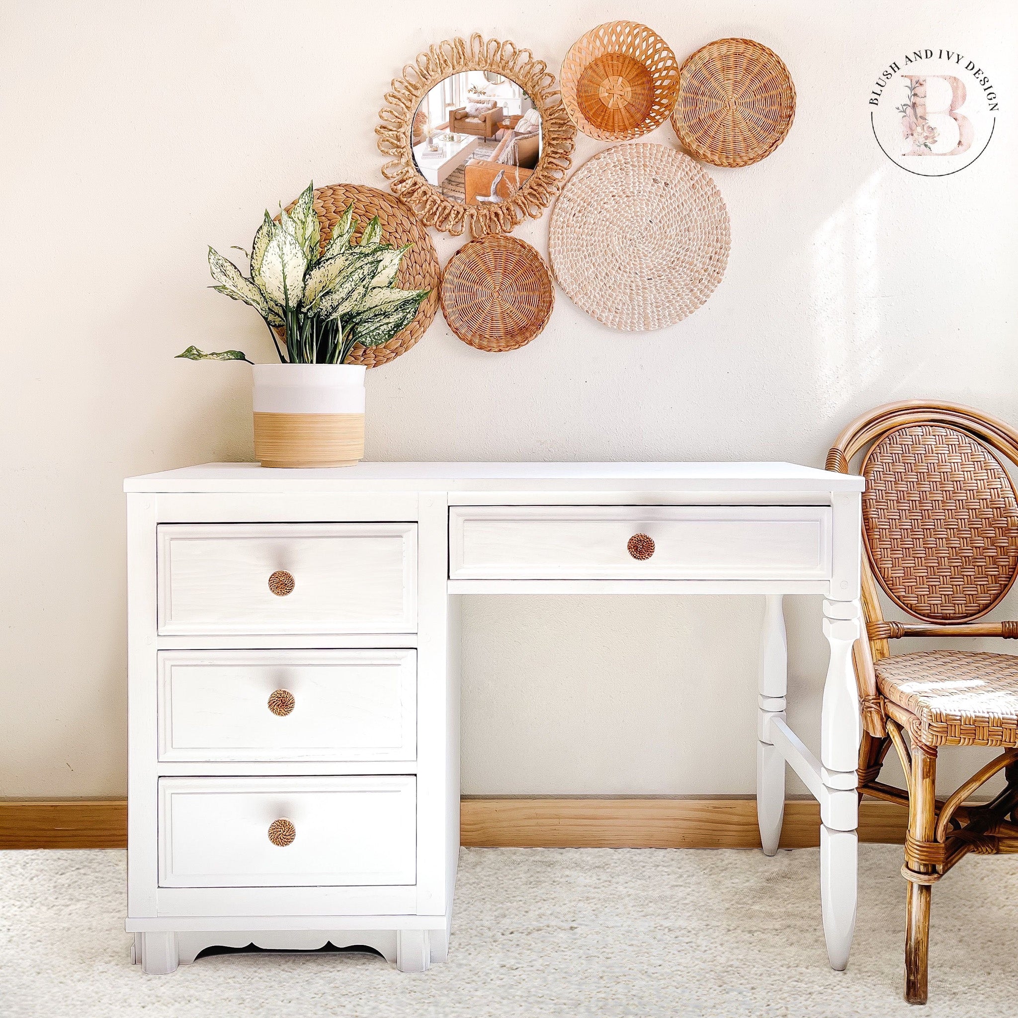 A small desk with 4 drawers refurbished by Blush and Ivy Design is painted in Dixie Belle's Cotton chalk mineral paint.