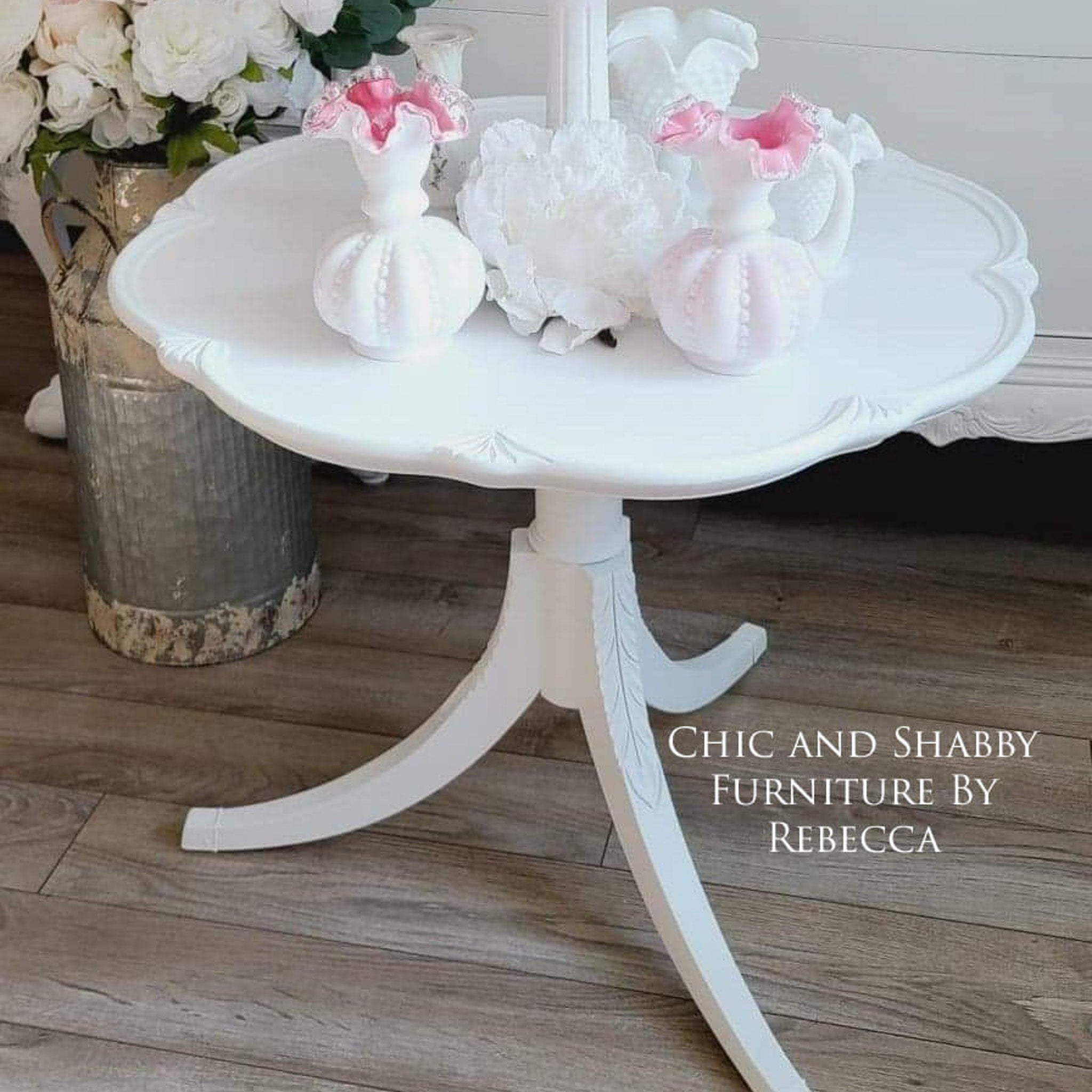 A vintage side table refurbished by Chic and Shabby Furniture by Rebecca is painted in Dixie Belle's Cotton chalk mineral paint.