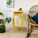 A vintage small nightstand refurbished by Faff Designs is painted in Dixie Belle's Daisy chalk mineral paint.