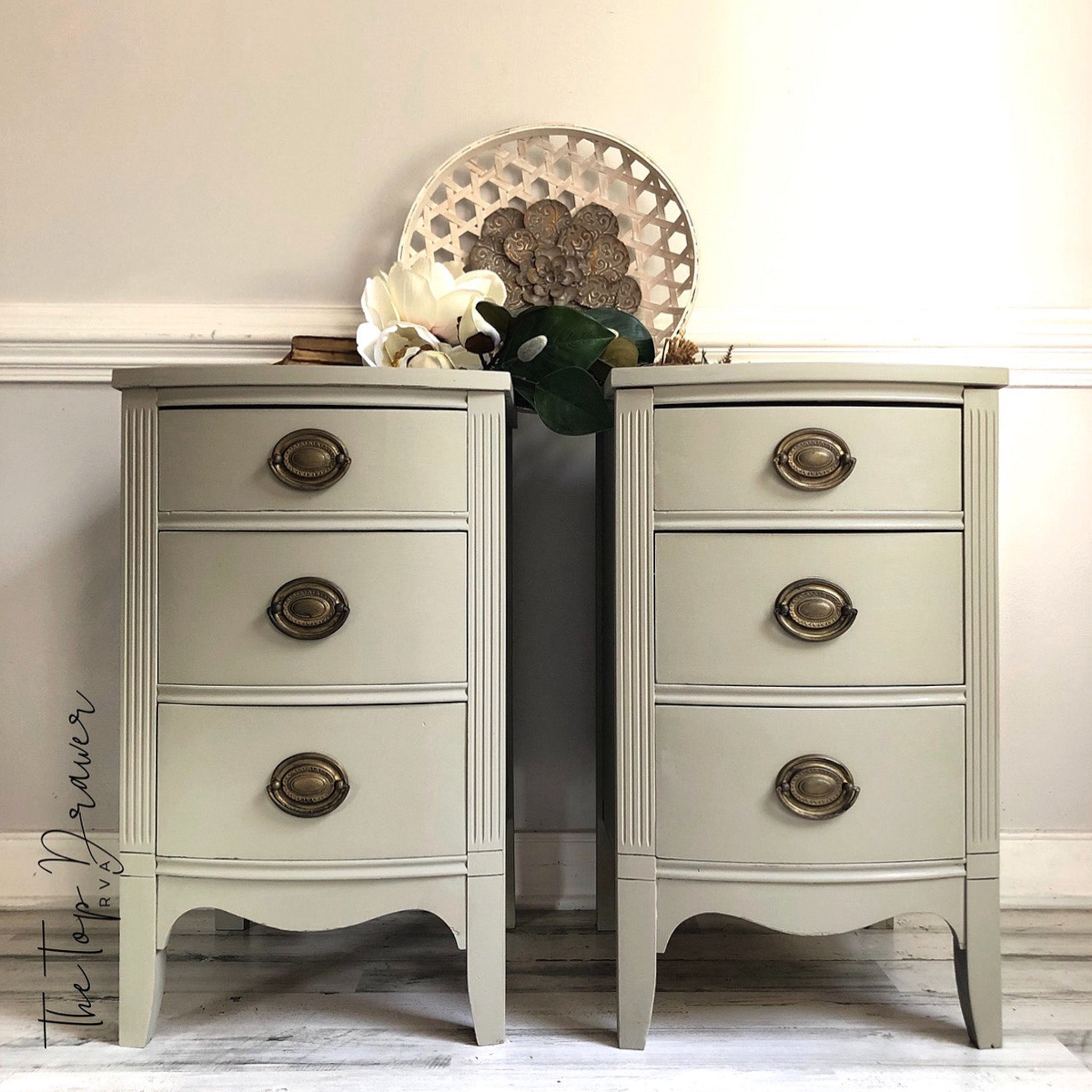 Two vintage 3-drawer nightstands refurbished by The Top Drawer are painted in Dixie Belle's Dried Sage chalk mineral paint.