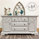A large vintage dresser refurbished by Rehab 2 Fab Designs LLC is painted in Dixie Belle's Driftwood chalk mineral paint.