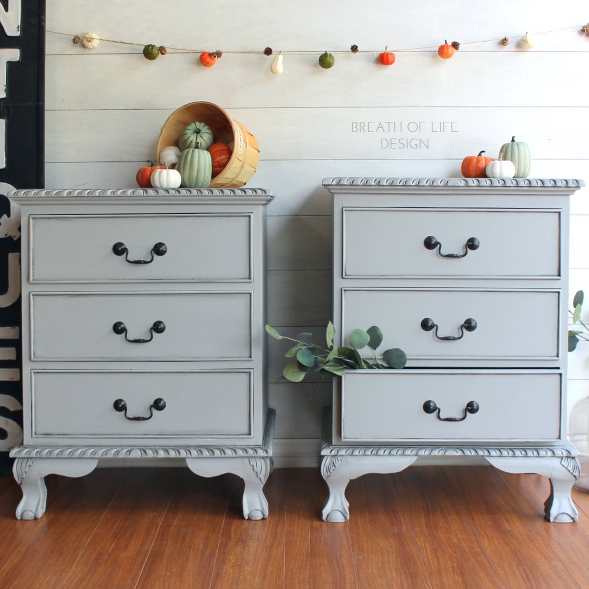 Two vintage 3-drawer nightstands refurbished by Breath of Life Design are painted in Dixie Belle's Driftwood chalk mineral paint.
