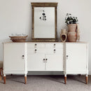 A vintage dresser refurbished by The Flipped Piece is a painted in Dixie Belle's Drop Cloth chalk mineral paint.