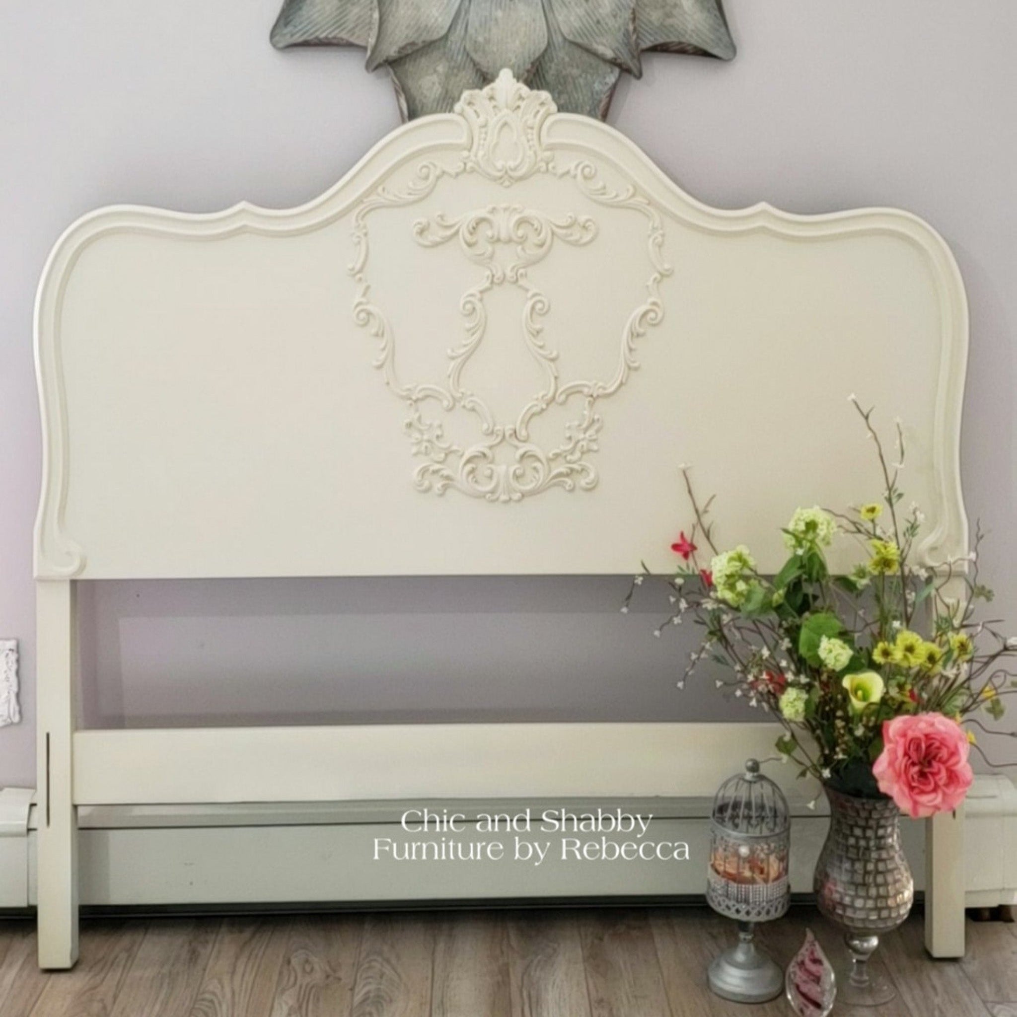 A vintage headboard refurbished by Chic and Shabby Furniture by Rebecca is painted in Dixie Belle's Drop Cloth chalk mineral paint.