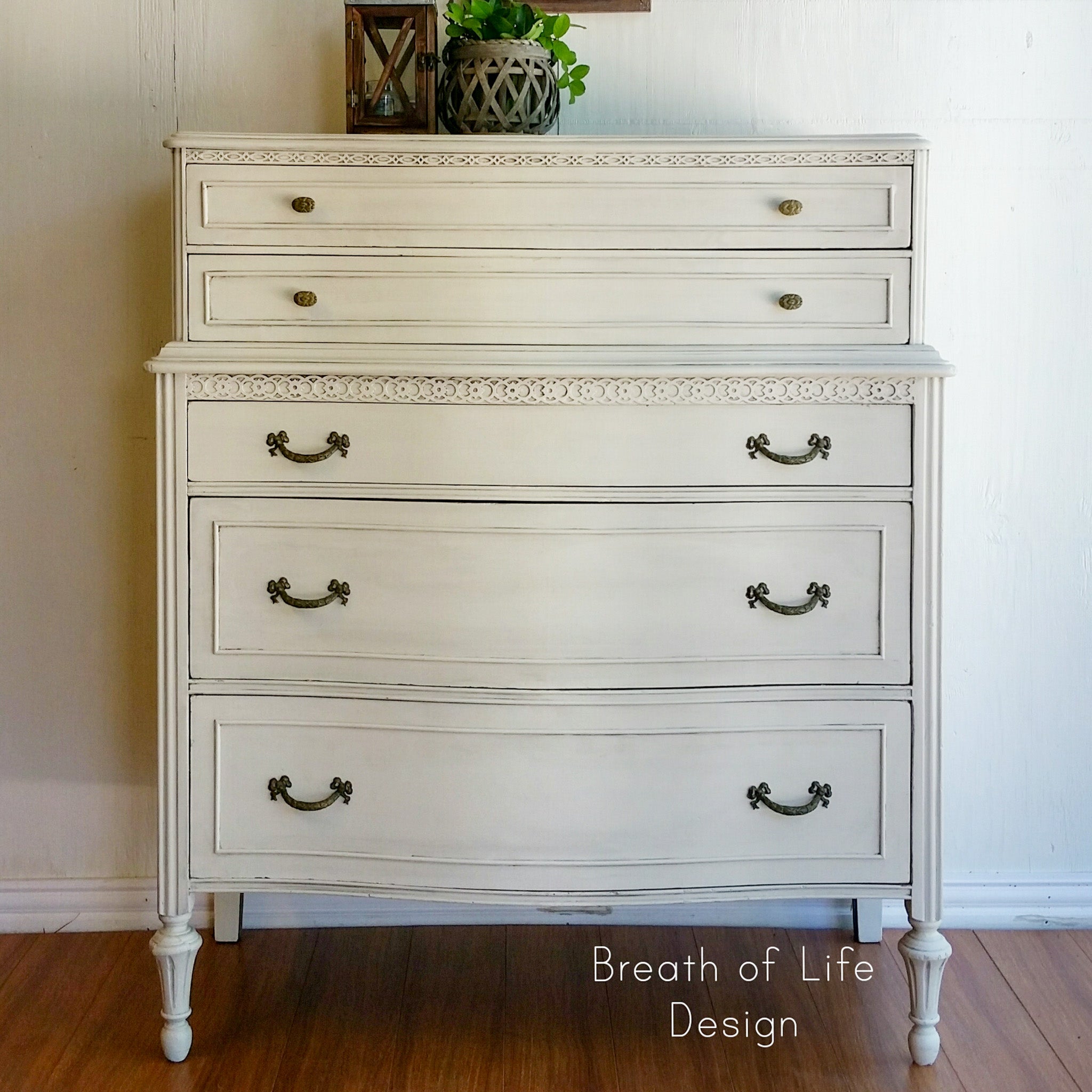 A vintage 5-drawer chest dresser refurbished by Breath of Life Design is painted in Dixie Belle's Drop Cloth chalk mineral paint.
