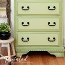 A vintage dresser refurbished by Painted Salvaged Inspirations is painted in Dixie Belle's Farmhouse Green chalk mineral paint.
