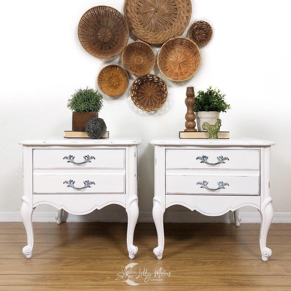 Two vintage 2-drawer nightstands refurbished by Lilly Moon Vintage are painted in Dixie Belle's Fluff chalk mineral paint.