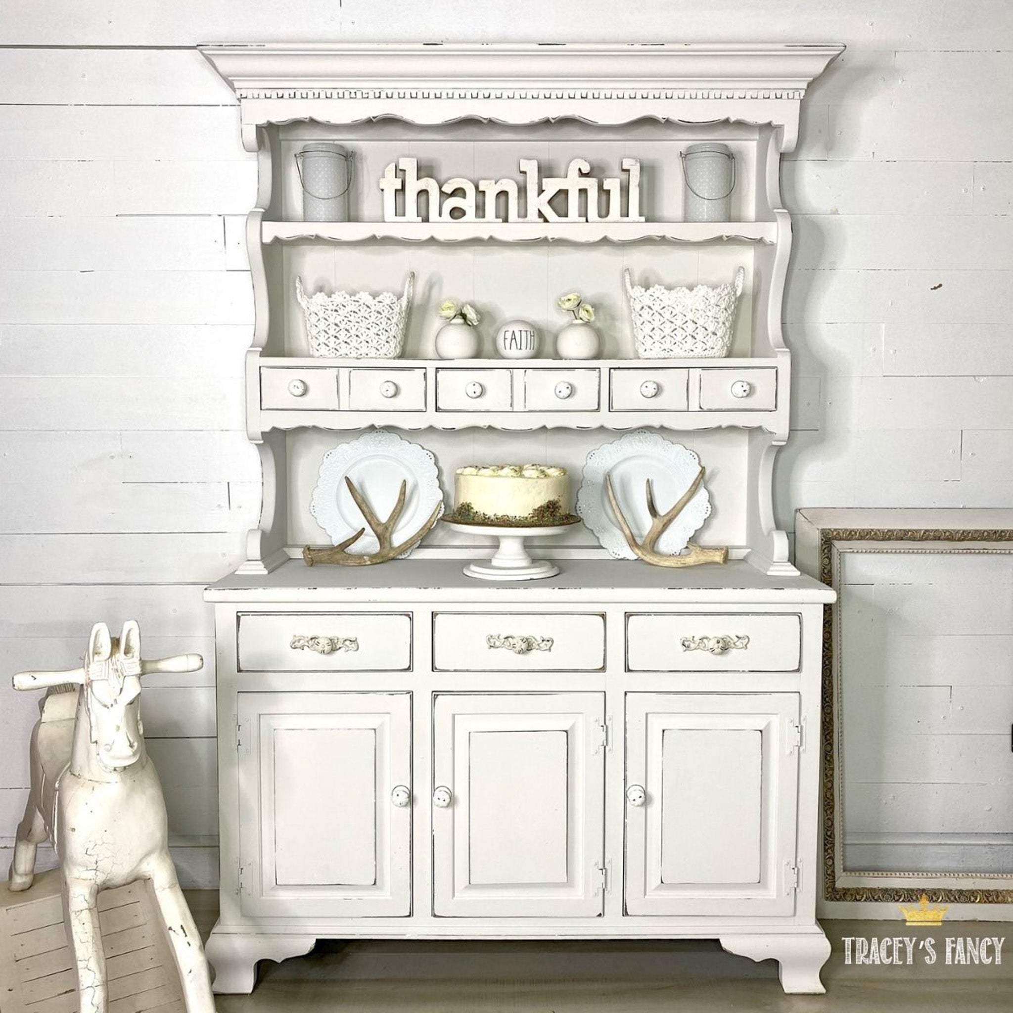 A vintage buffet hutch refurbished by Tracey's Fancy is painted in Dixie Belle's Fluff chalk mineral paint.