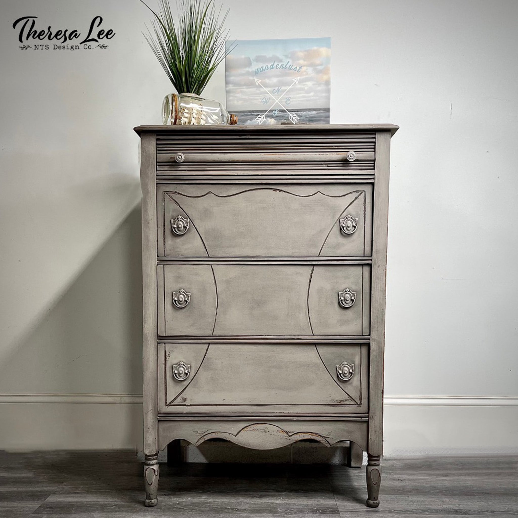 A vintage 4-drawer chest dresser refurbished by Theresa Lee NTS Design Company is painted in Dixie Belle's French Linen chalk mineral paint.