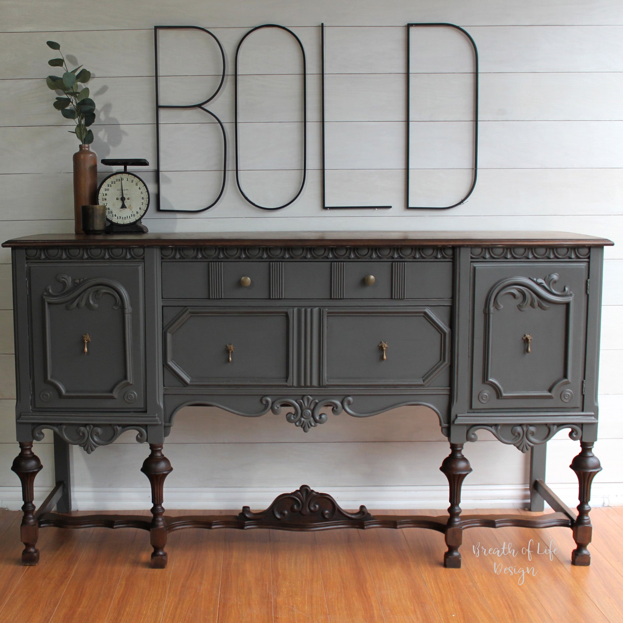 A vintage console table refurbished by Breath of Life Design is painted in Dixie Belle's Gravel Road chalk mineral paint.
