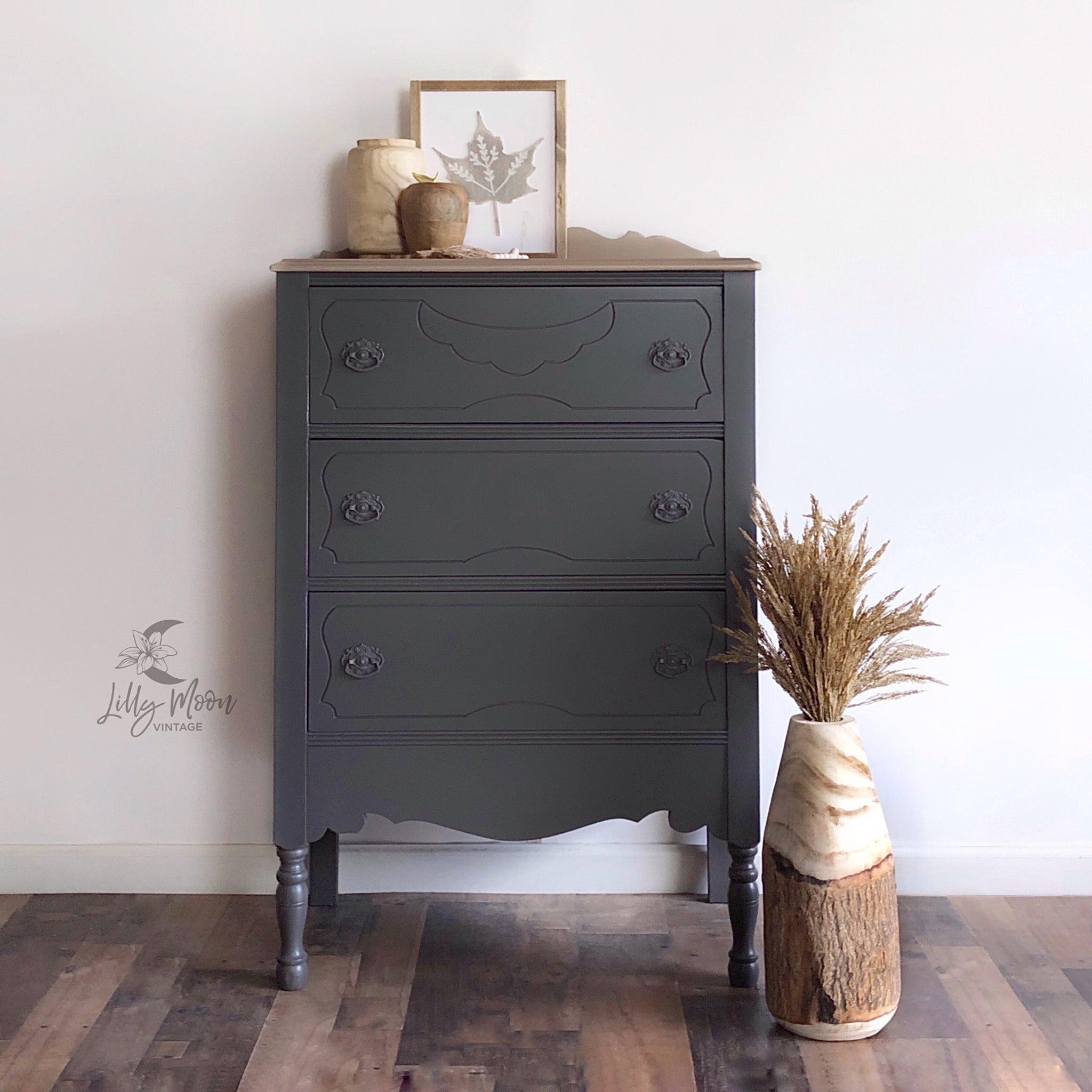 A vintage 3-drawer chest dresser refurbished by Lilly Moon Vintage is painted in Dixie Belle's Gravel Road chalk mineral paint.