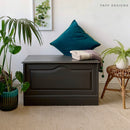 A storage chest refurbished by Faff Designs is painted in Dixie Belle's Gravel Road chalk mineral paint.