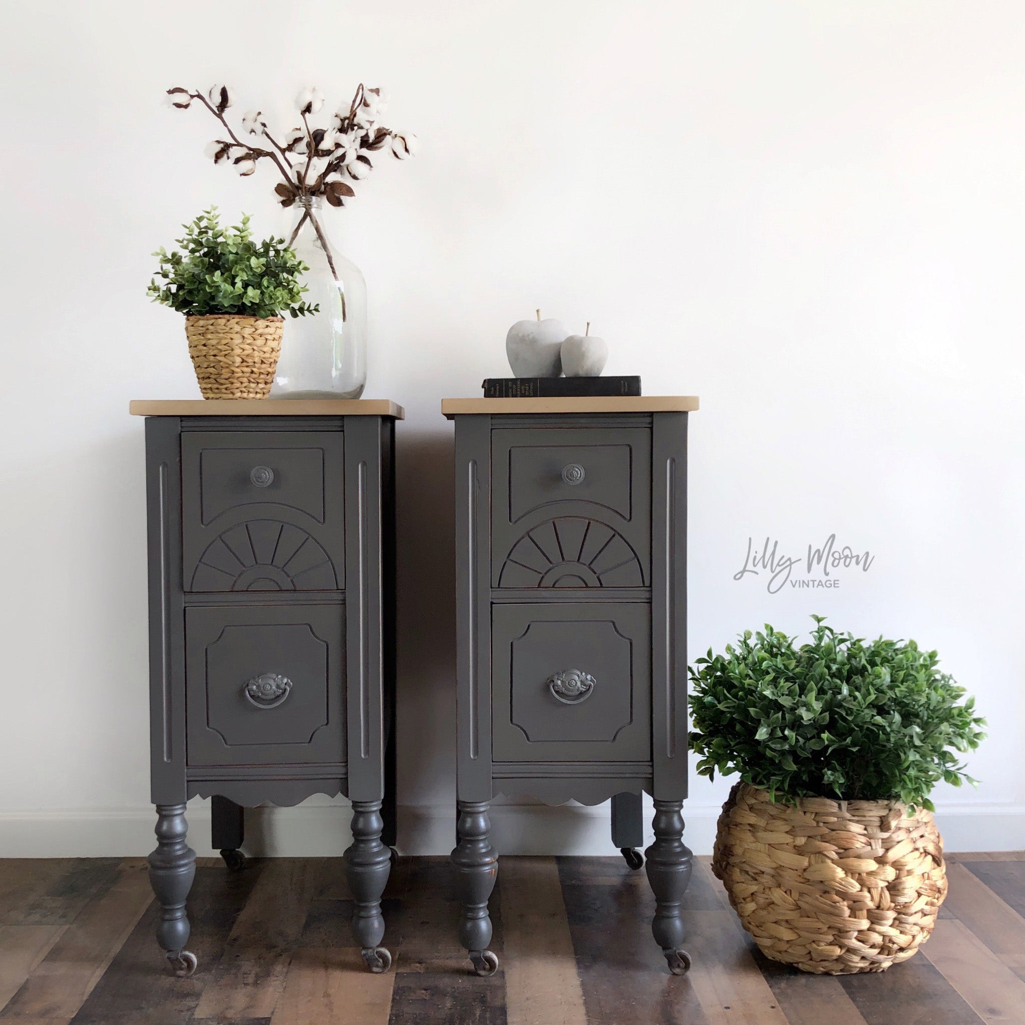 Two vintage 2-drawer nightstands refurbished by Lilly Moon Vintage are painted in Dixie Belle's Gravel Road chalk mineral paint.