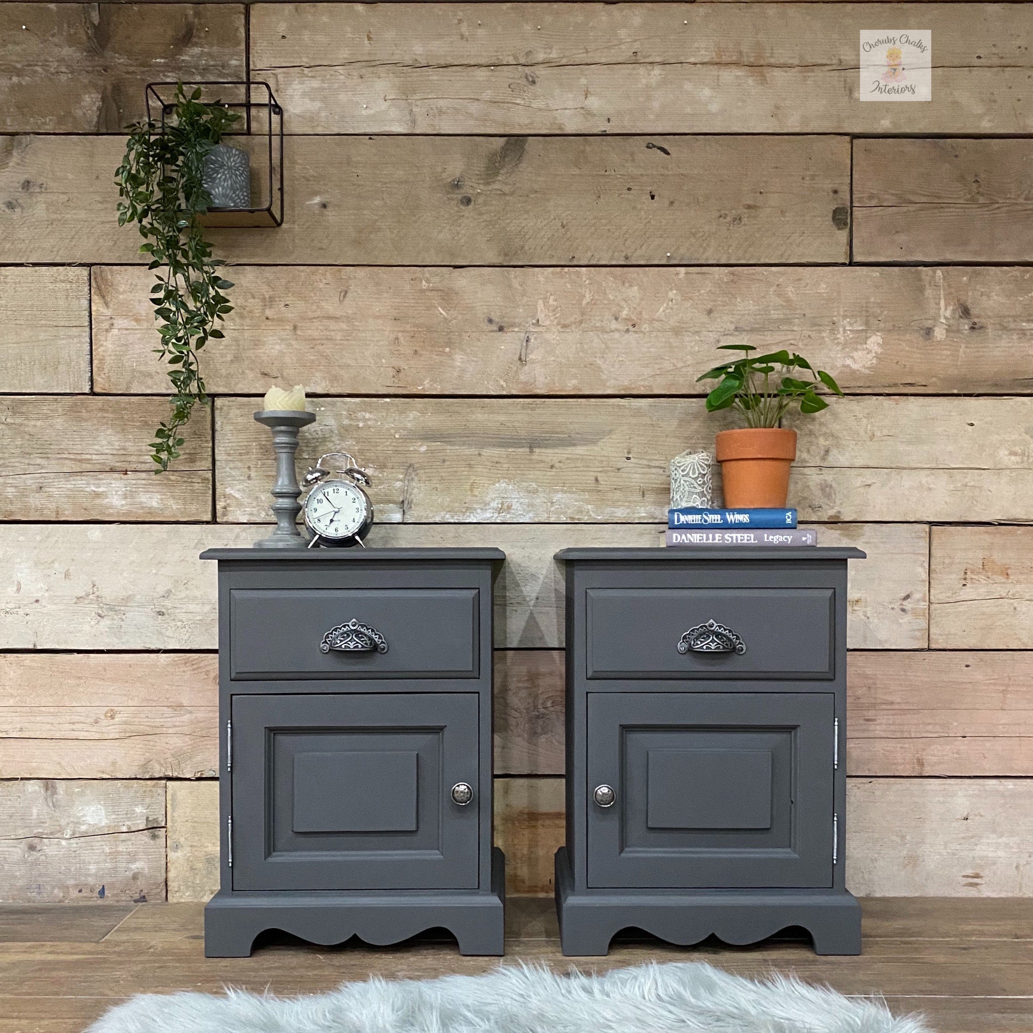 Two vintage nightstands refurbished by Cherubs Chalks Interiors are painted in Dixie Belle's Gravel Road chalk mineral paint.