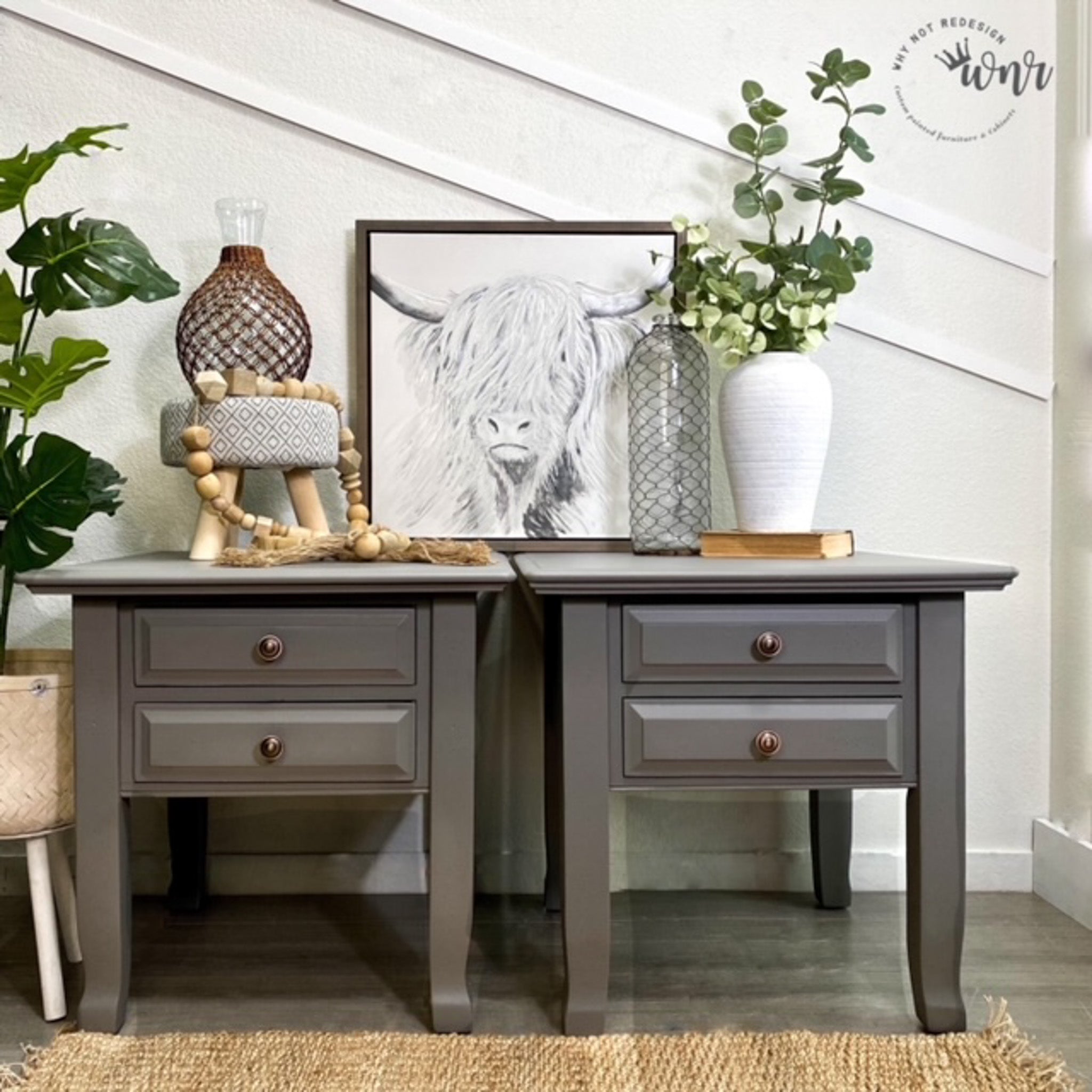 Two vintage nightstands refurbished by Why Not Redesign are painted in Dixie Belle's Hurricane Gray chalk mineral paint.