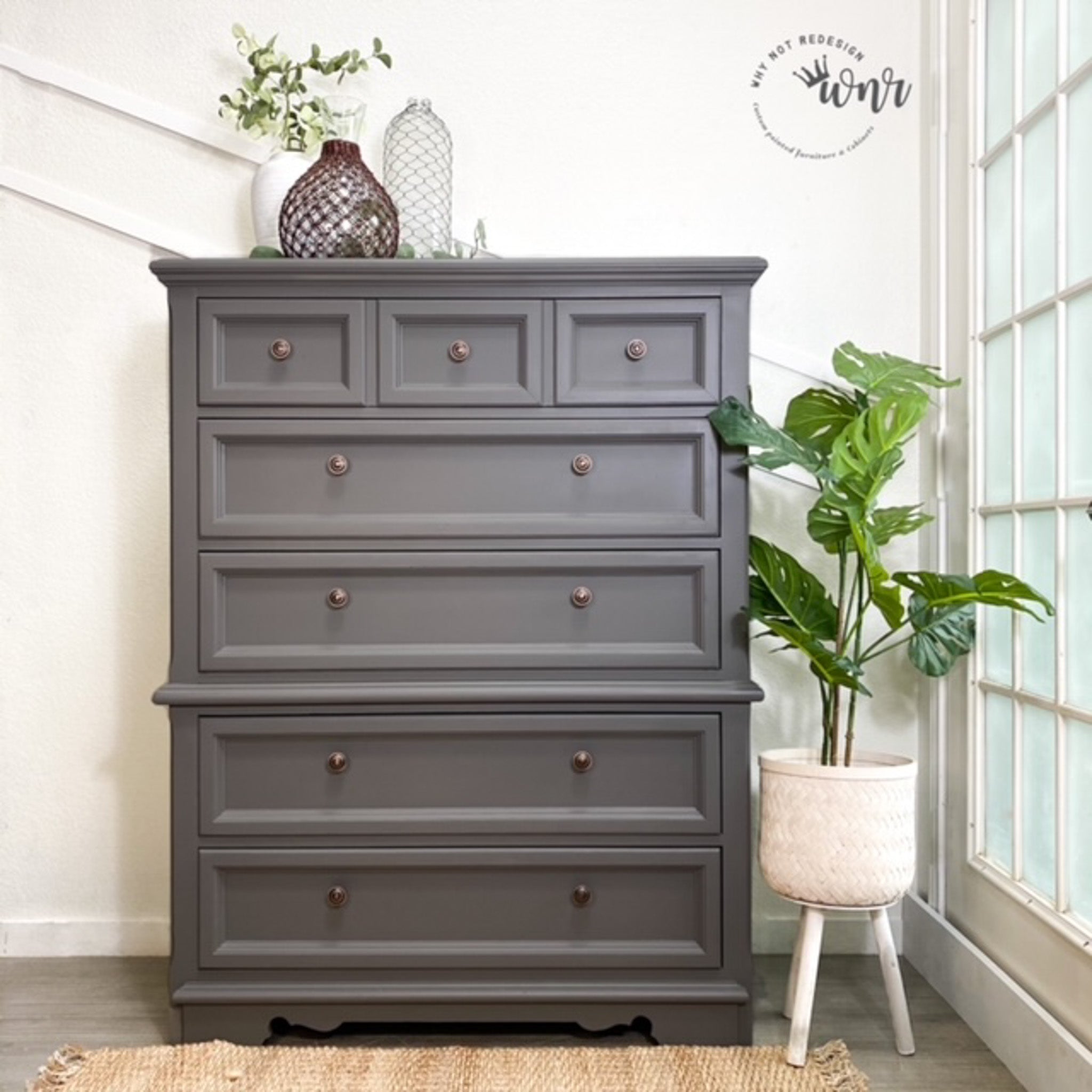 A vintage 5-drawer chest dresser refurbished by Why Not Redesign is painted in Dixie Belle's Hurricane Gray chalk mineral paint.