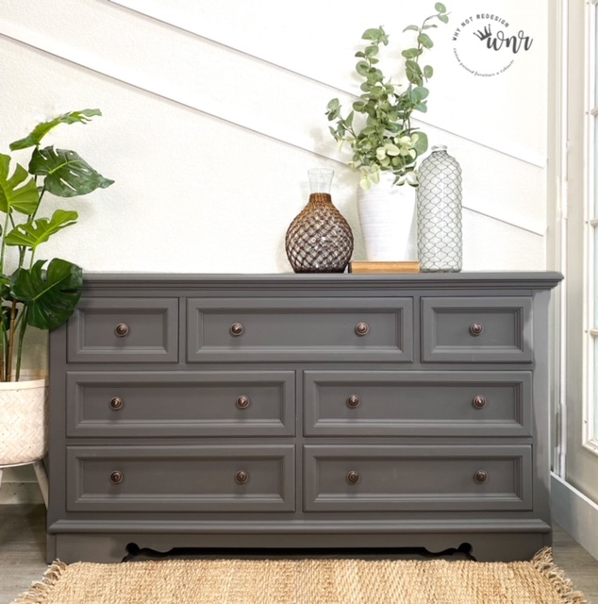 A vintage 7-drawer dresser refurbished by Why Not Redesign is painted in Dixie Belle's Hurricane Gray chalk mineral paint.