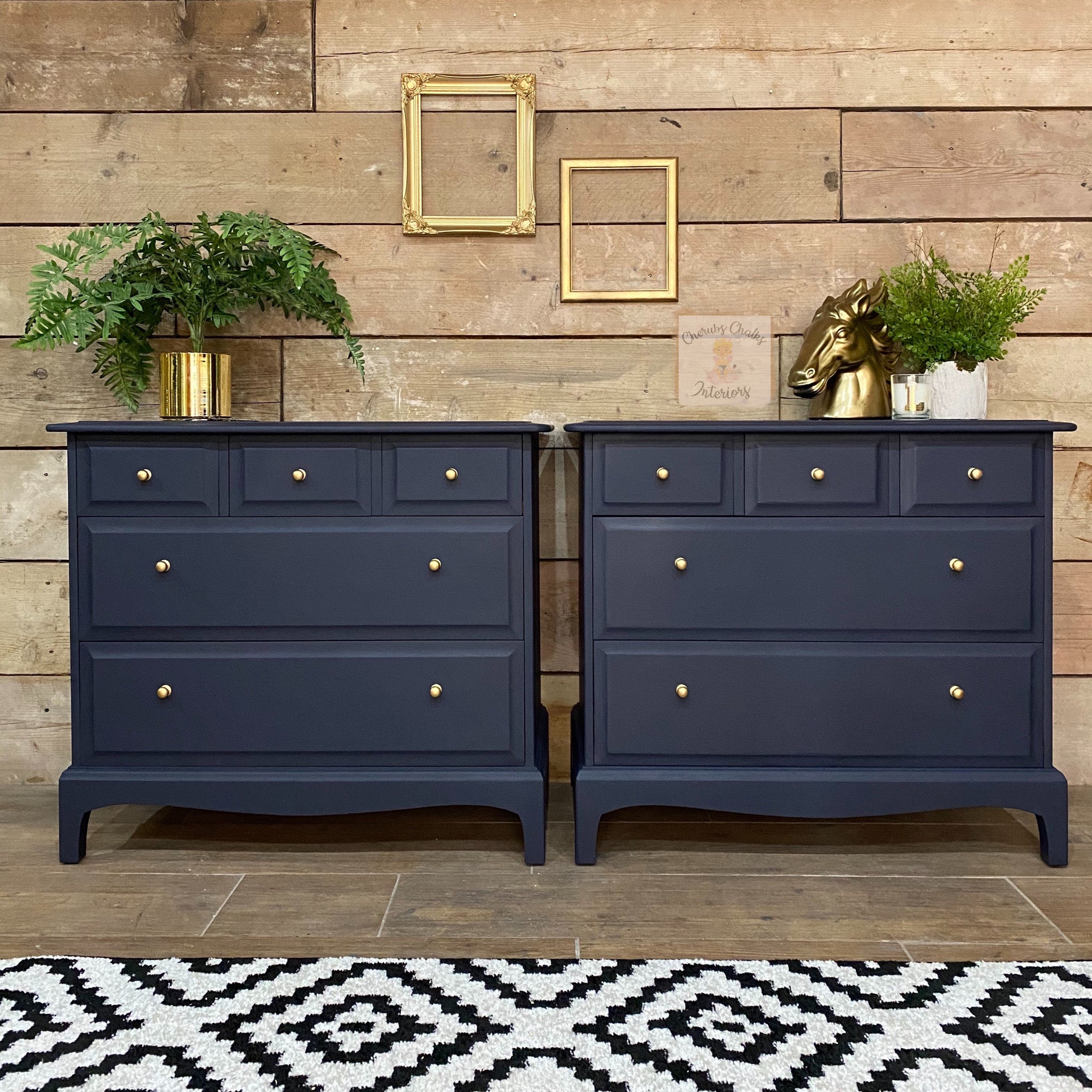 Two vintage 5-drawer small dressers refurbished by Cherubs Chalks Interiors are painted in Dixie Belle's In the Navy chalk mineral paint.