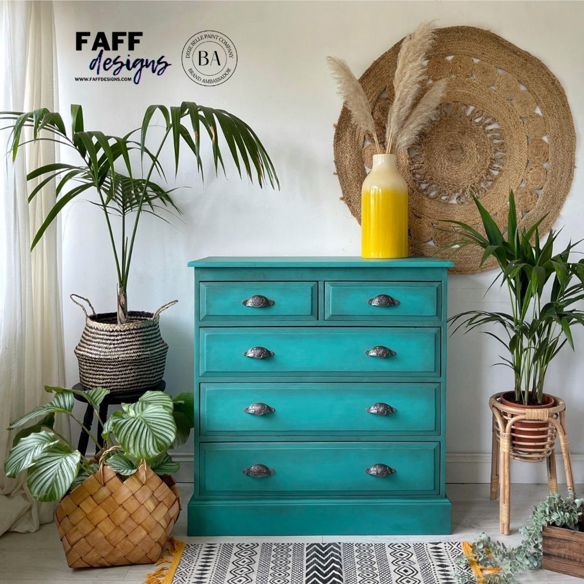 A vintage 5-drawer chest dresser refurbished by Faff Designs is painted in Dixie Belle's Mermaid Tail chalk mineral paint.
