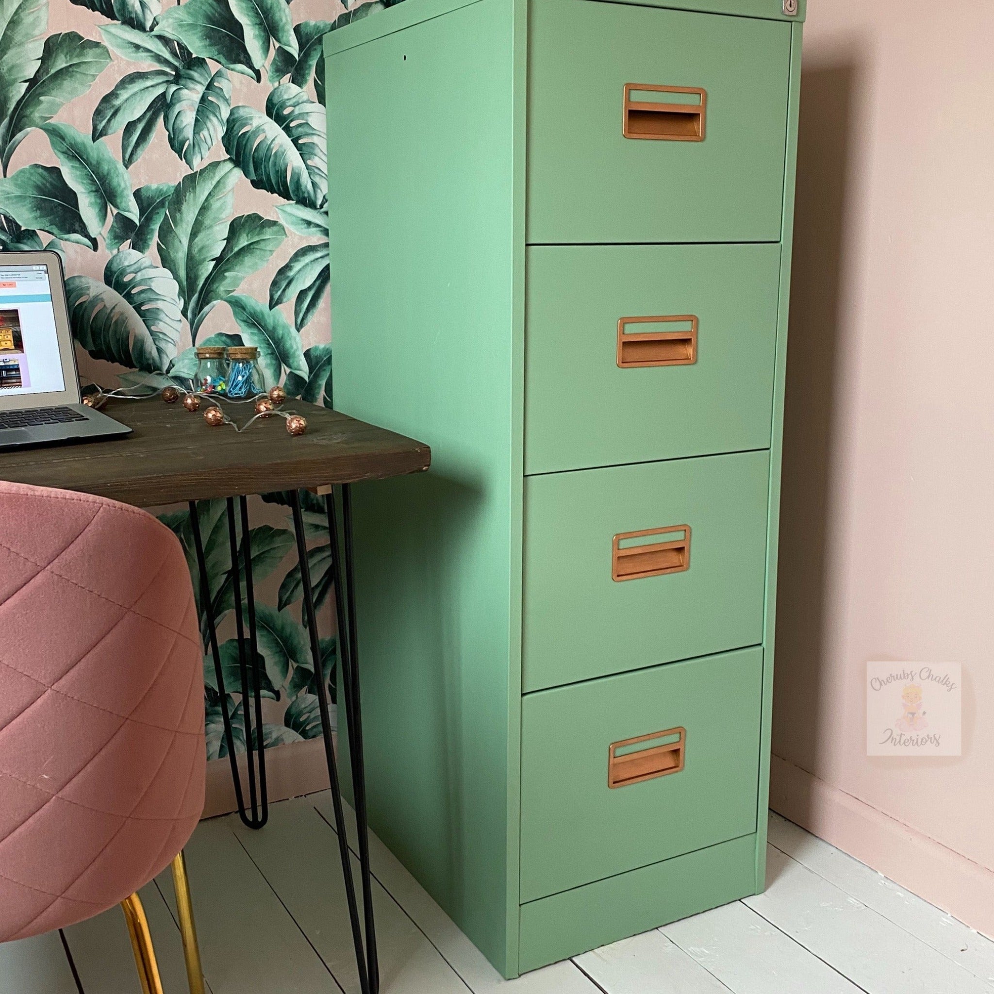 A 4-drawer metal file cabinet refurbished by Cherubs Chalks Interiors is painted in Dixie Belle's Mint Julep chalk mineral paint.