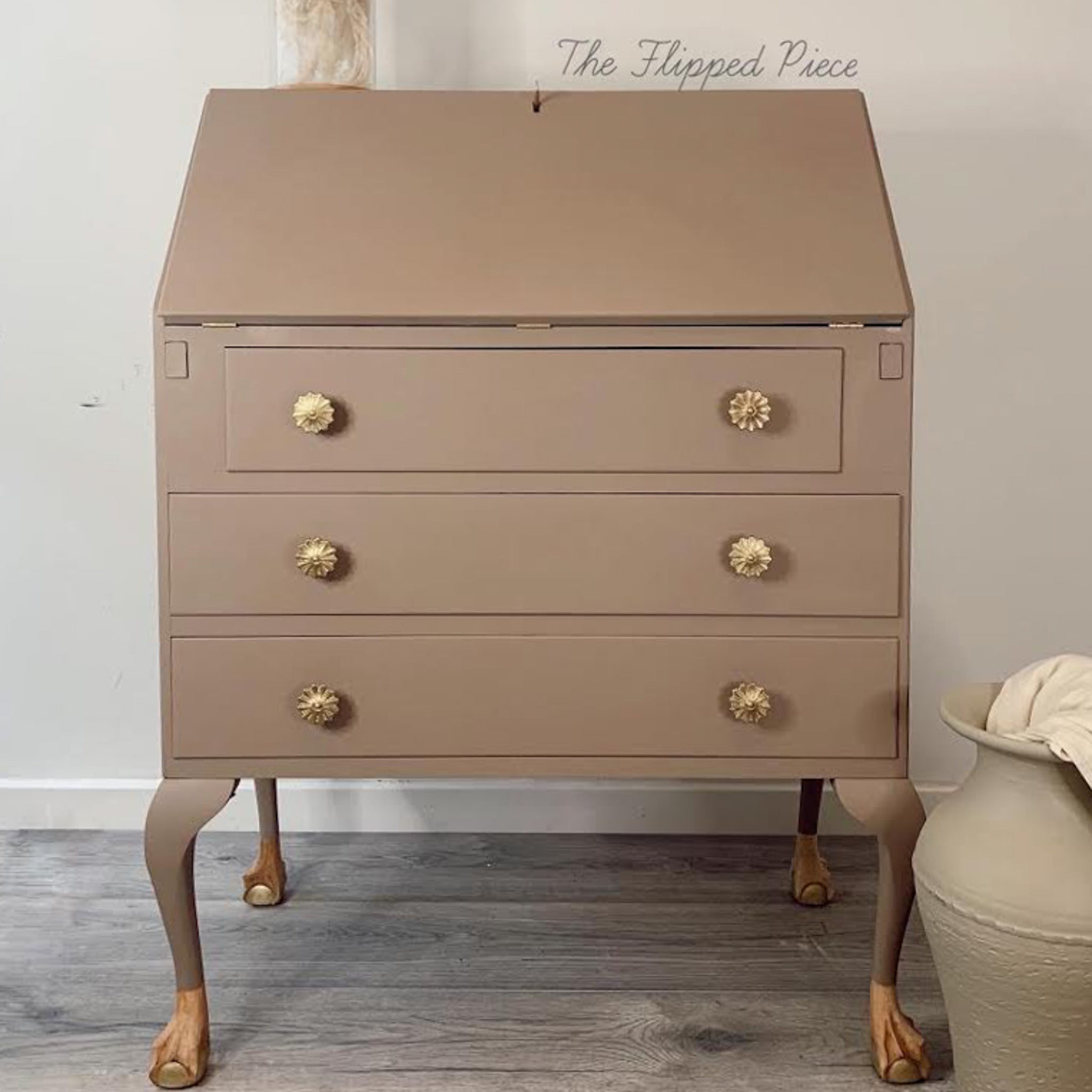 A vintage secretary's desk refurbished by The Flipped Piece is painted in Dixie Belle's Mud Puddle chalk mineral paint.